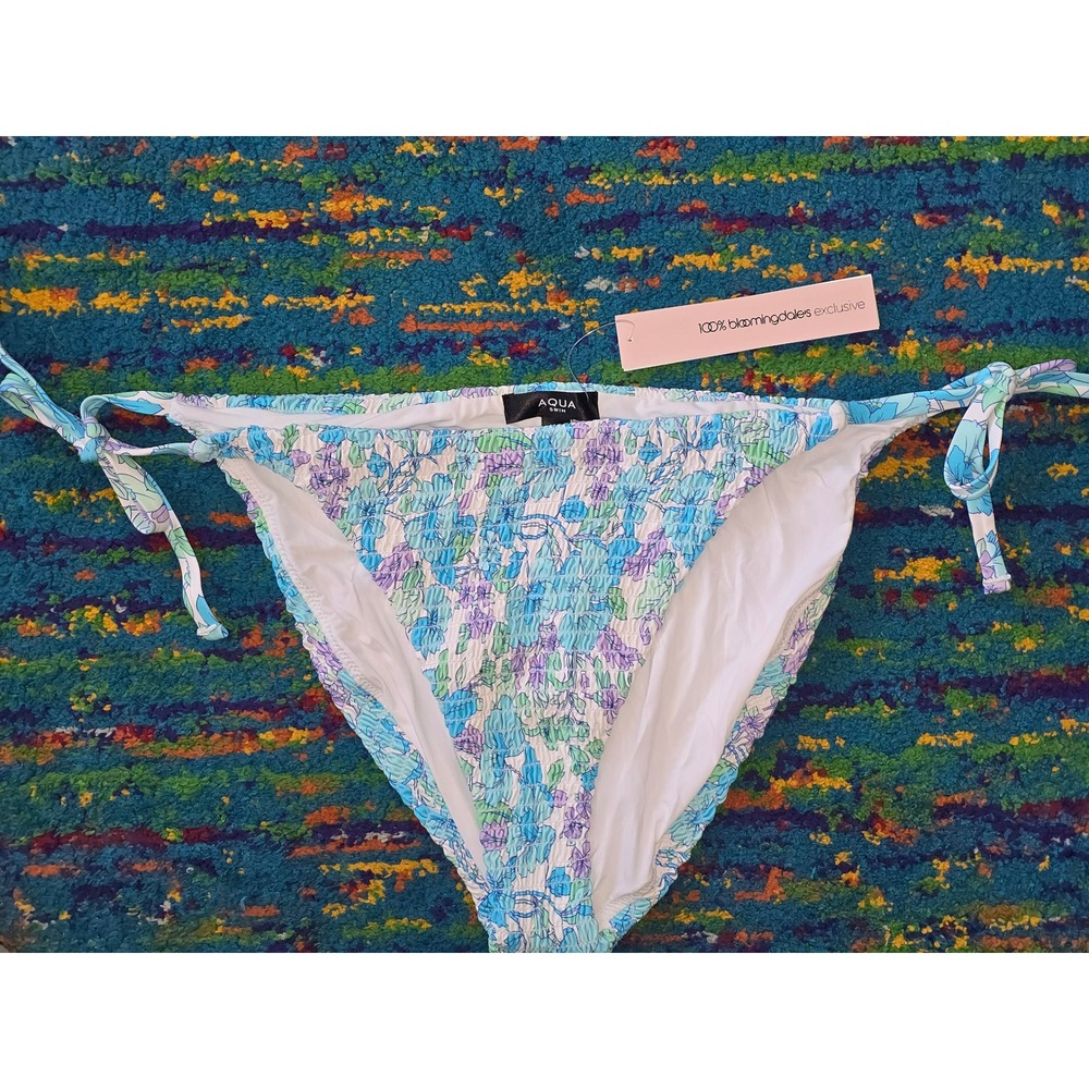NWT AQUA Swim Bikini Bottoms Blue Floral Smocked Side Tie Women XL
